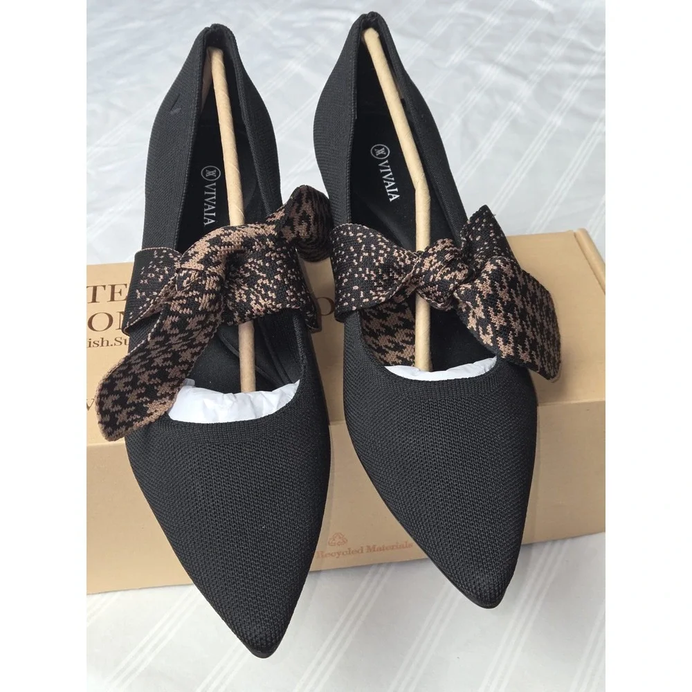 Vivaia Pointed-Toe Block Heel Mary Jane Knit Pumps Houndstooth Bow Size 7.5 EU38